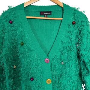 33 Degrees Green Fuzzy Knit Cardigan Sweater Size XS Chunky Texture Button Front